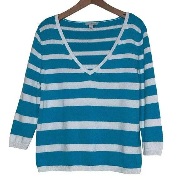 Boston Proper M v-neck sweater teal + white striped 3/4 sleeve preppy nautical‎ - Picture 1 of 6